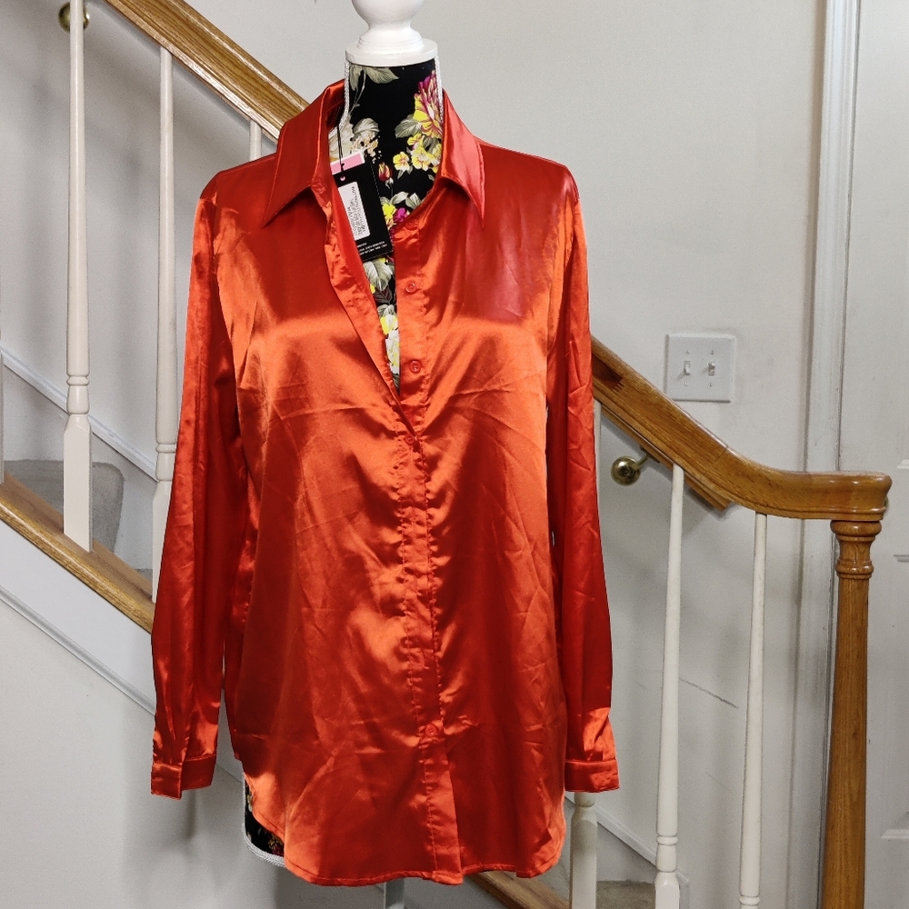 PrettyLittleThing Orange Satin Button Down Shirt